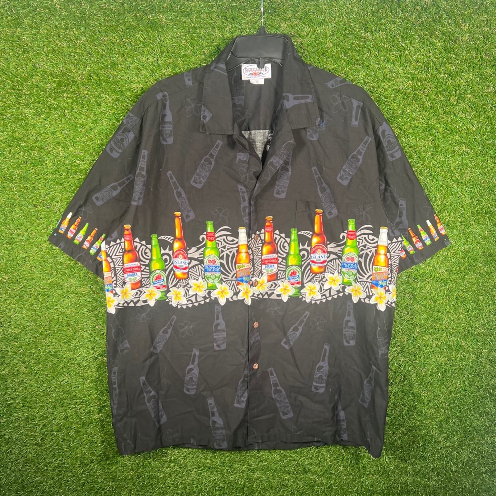 Pacific Legend Mens XL Hawaiian Shirt Black Beer Bottle Plumeria Made in Hawaii‎
